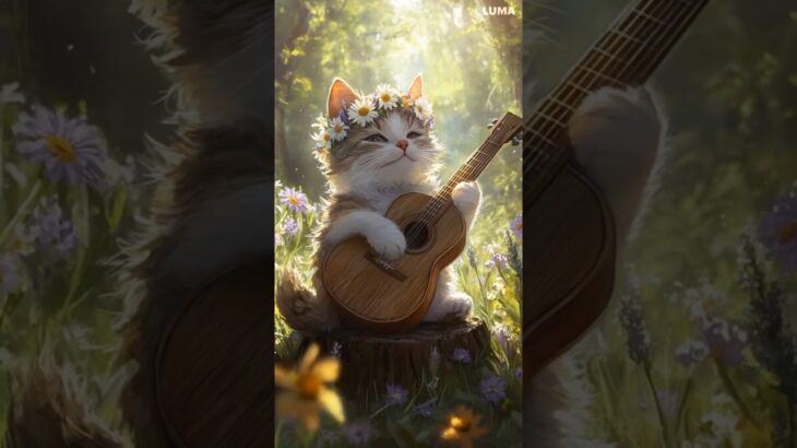 「森の中のギター猫 🌼～癒しのメロディー～」🎵🌼✨ 小さな森の音楽会#ギター猫 #癒し動画 #cat #guitar #music アコースティックギター #cute